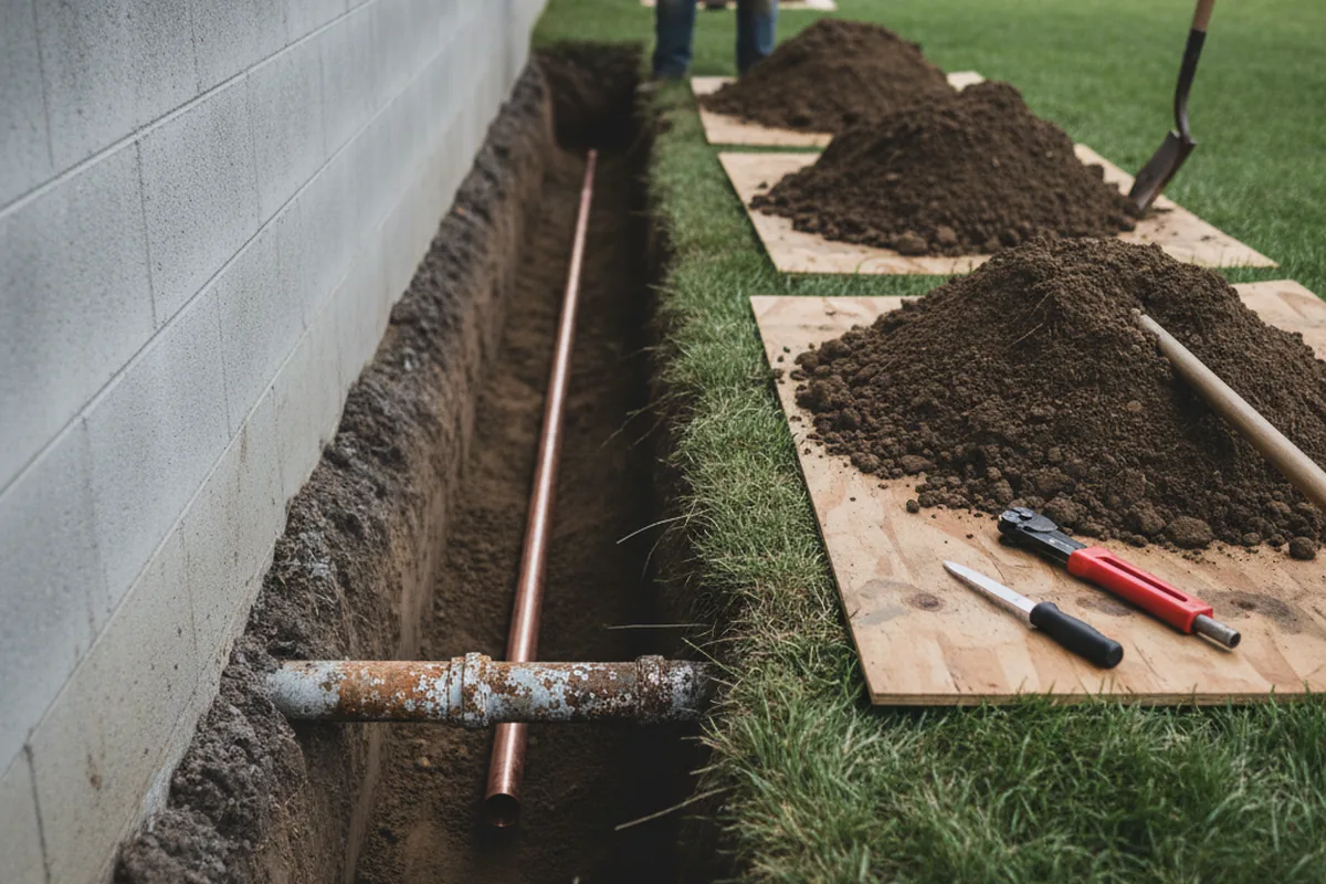 Excavated water line trench during Water Softener Installation in Six Mile Run